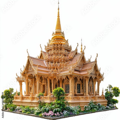 Ornate golden temple, landscaped base. photo