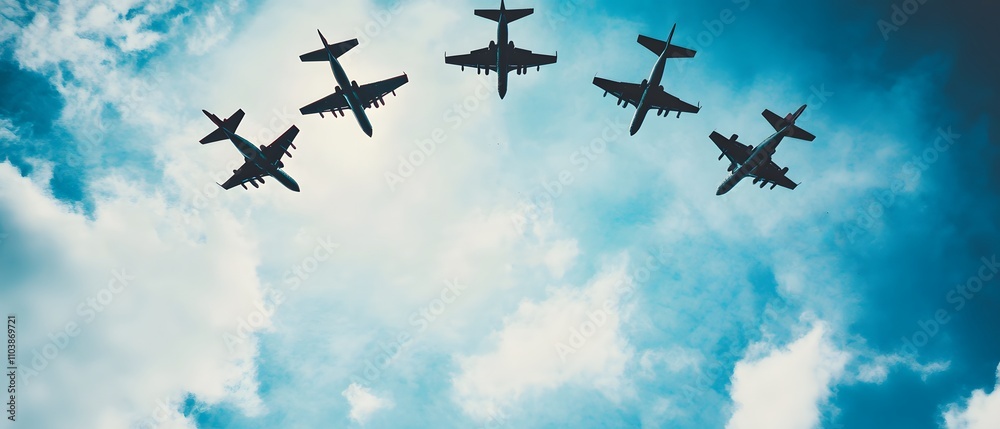 Formation of Military Aircraft in the Sky Representing Leadership and Teamwork with Blue Sky and Clouds as Background Formation of Military Aircraft in the Sky Representing Leadership and Teamwork with Blue Sky and Clouds as Background