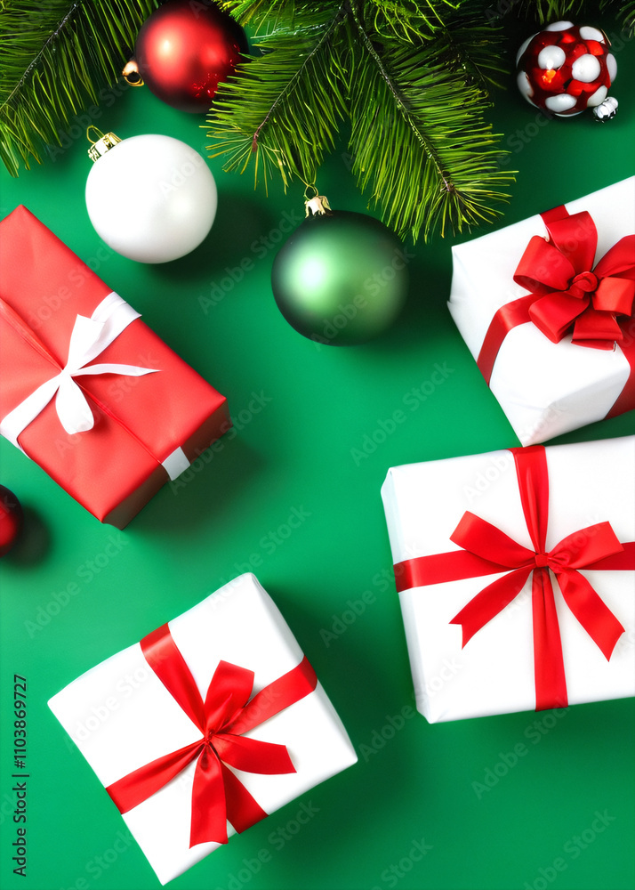 Red and white gifts wrapped with green ribbons sit amidst festive ornaments on a green decorated background.