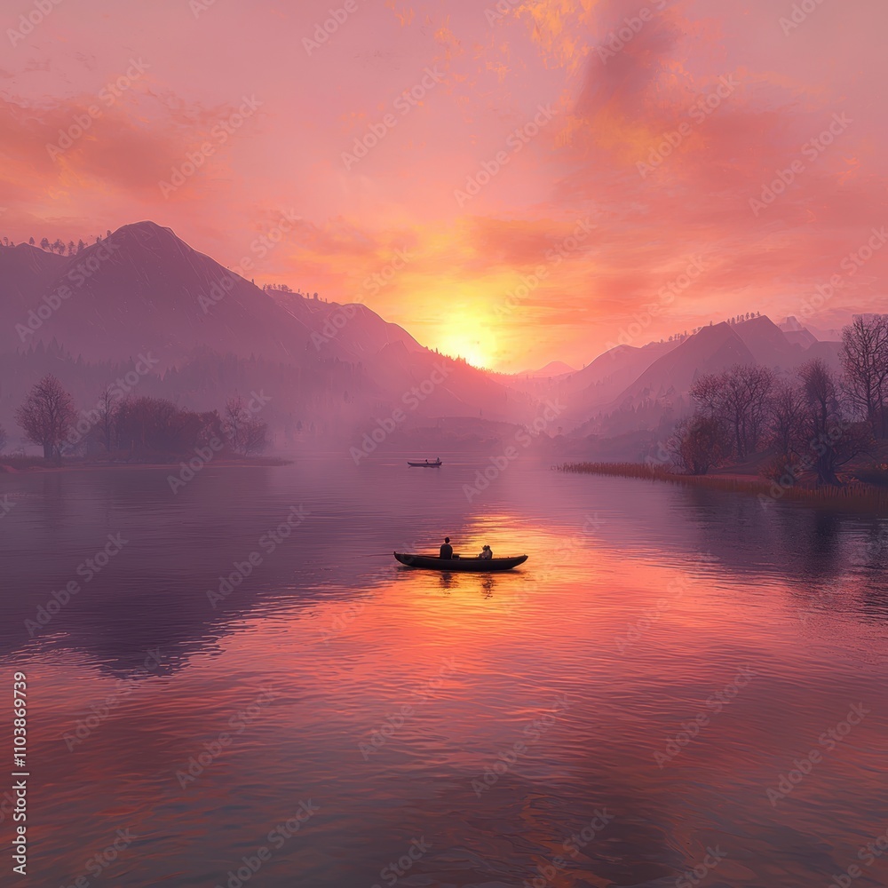 A serene sunset over a tranquil river, with silhouettes of mountains and a lone boat, creating a peaceful and picturesque scene. A serene sunset over a tranquil river, with silhouettes of mountains and a lone boat, creating a peaceful and picturesque scene.