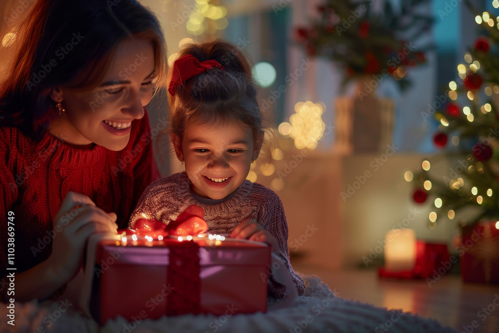A smiling excited little girl opening a wrapped gift presented to her on Christmas A smiling excited little girl opening a wrapped gift presented to her on Christmas