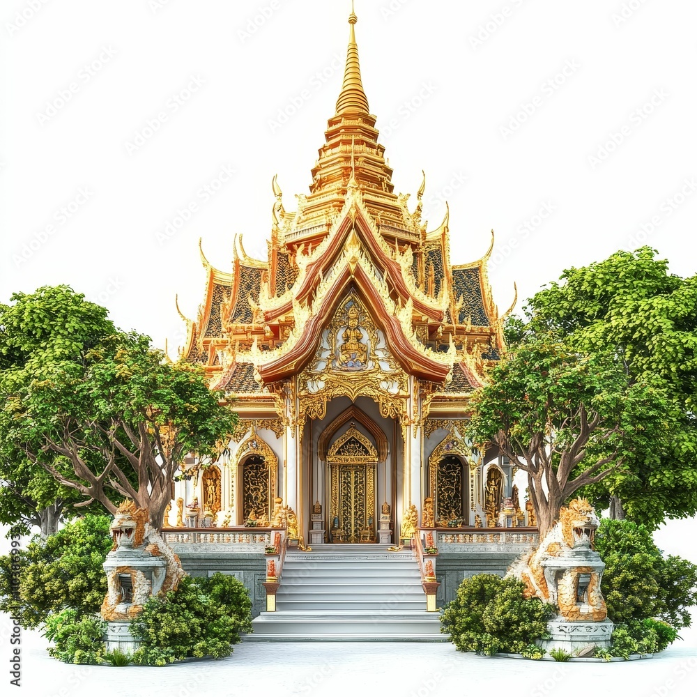 Obraz premium Ornate golden Thai temple, lush greenery.
