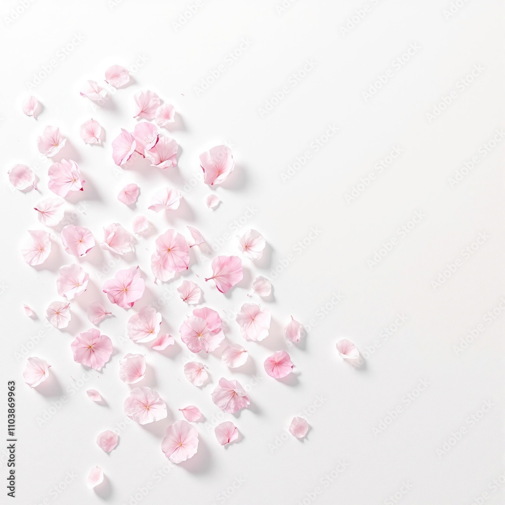 Cherry blossom petals scattered on white background, delicate, floral, season