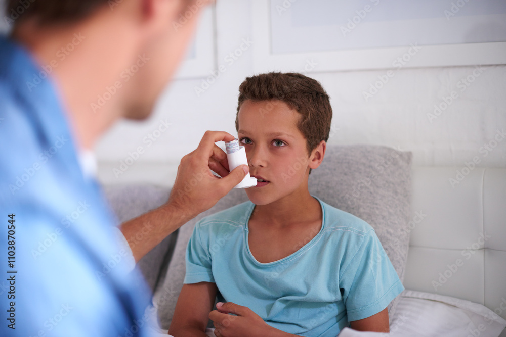 Obraz premium Father, boy and bed with inhaler for asthma, chronic disease or breathing air at home. Dad, son or sick child with pump for medicine, medication or treatment for allergy, virus or blocked airways