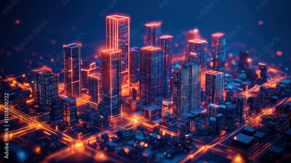 Fototapeta premium A cityscape with buildings lit up in orange and blue