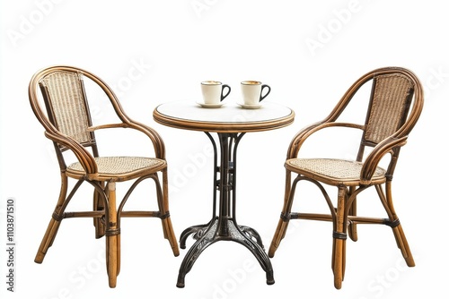 Wicker chairs, small table, two coffees.