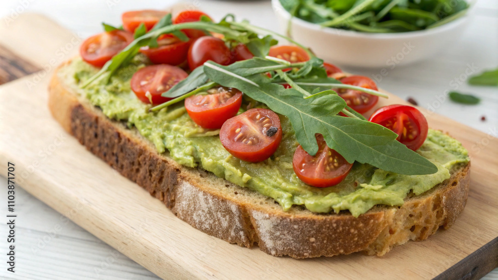 Freshly baked whole grain bread with avocado spread, cherry tomatoes, and leafy greens on top Freshly baked whole grain bread with avocado spread, cherry tomatoes, and leafy greens on top