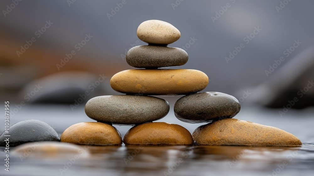 © altitudevisual - Balanced stack of smooth stones of varying sizes and colors on a calm water surface in a natural setting