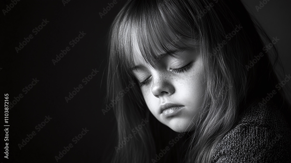 Candid portrait of a girl with Down syndrome, her eyes sparkling with happiness, simple backdrop Candid portrait of a girl with Down syndrome, her eyes sparkling with happiness, simple backdrop
