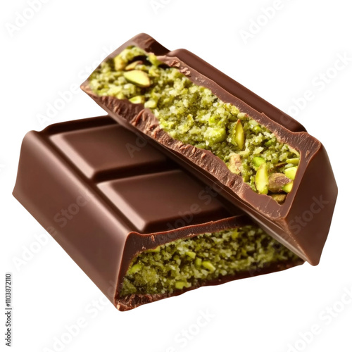 Decadent pistachio-filled chocolate bar in 3D rendering. Perfect for gourmet advertising, confectionery branding, or high-end product promotions.