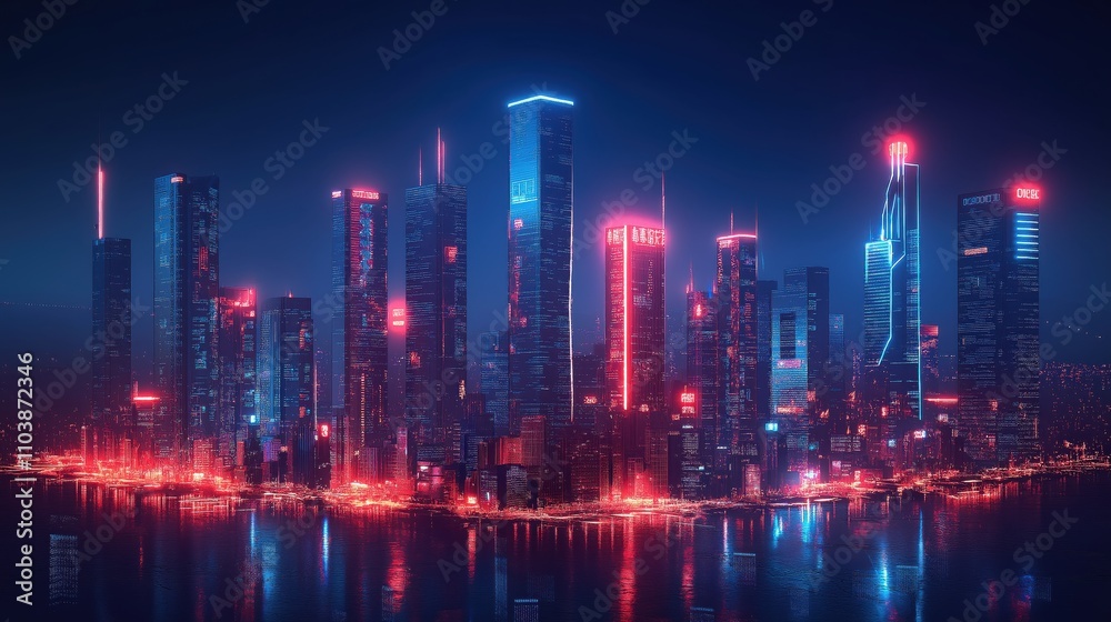 Obraz premium A city skyline is lit up in neon colors, creating a vibrant