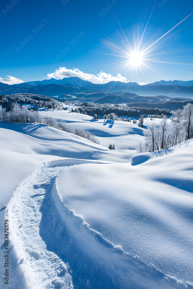 Schneebedeckte Hügel und Wälder unter klarem Himmel mit strahlender Wintersonne
Schneebedeckte Hügel und Wälder unter klarem Himmel mit strahlender Wintersonne