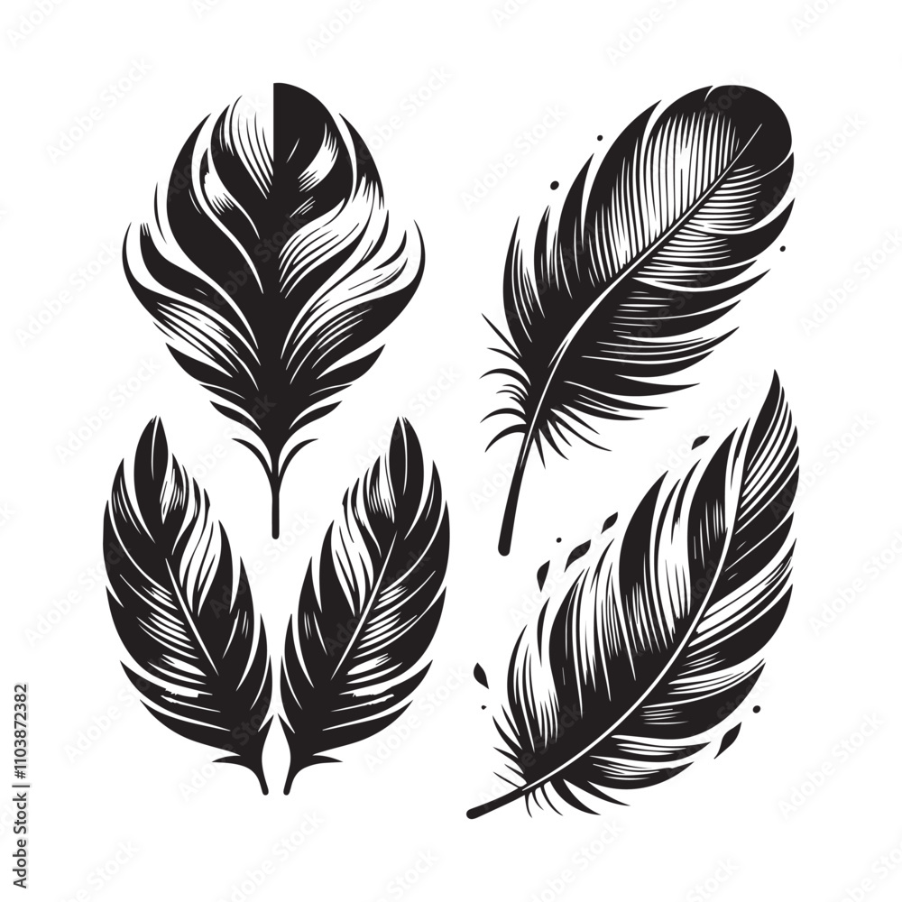 Vector Feather Silhouette Set – Elegant Black and White Decorative Icons Vector Feather Silhouette Set – Elegant Black and White Decorative Icons