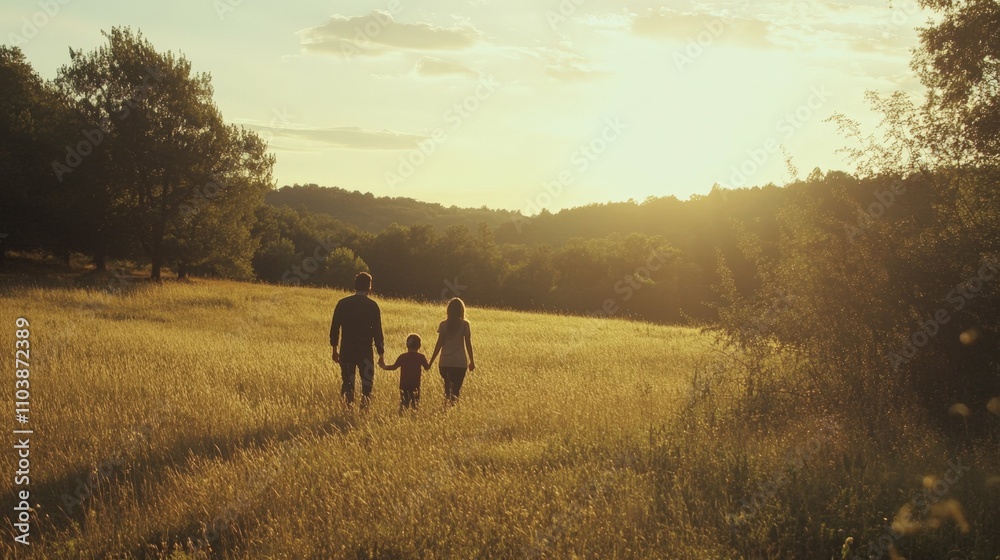 Obraz premium Family walking hand-in-hand across a scenic park sunlit grass field with trees in the distance golden light and cheerful outdoor moment