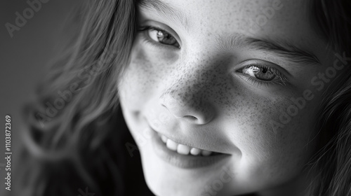 Candid portrait of a girl with Down syndrome, her eyes sparkling with happiness, simple backdrop