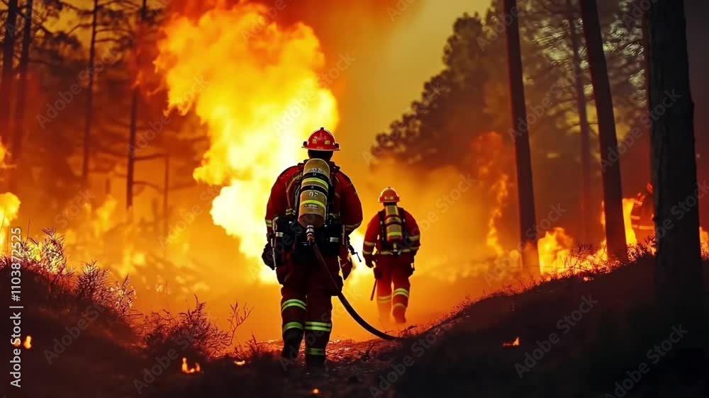 Two firefighters walking through a blazing forest fire with hoses. Concept of bravery, heroism, and protecting the environment. Two firefighters walking through a blazing forest fire with hoses. Concept of bravery, heroism, and protecting the environment.