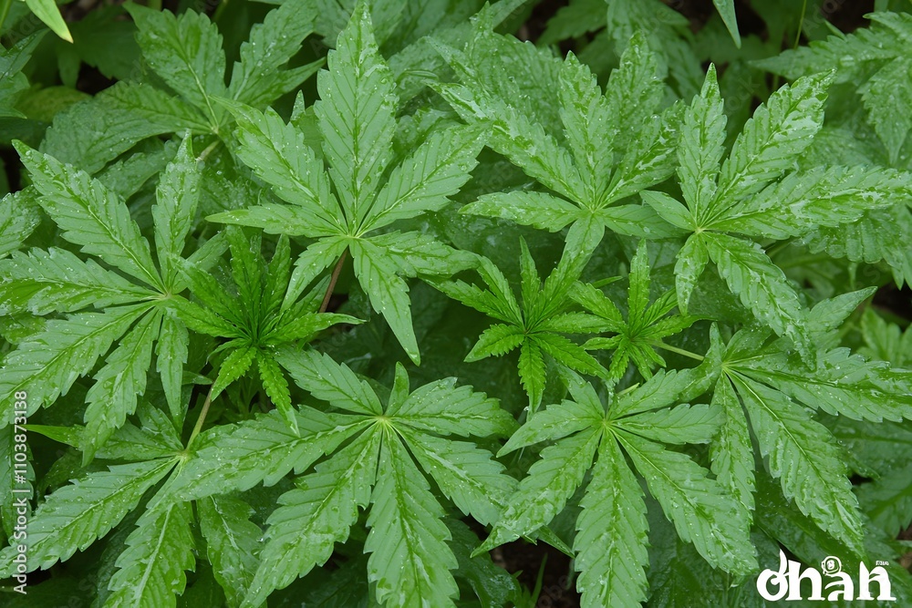Lush Green Leaves of a Vibrant Plant Surrounded by Dew Drops Showcasing Nature's Beauty and Freshness in a Natural Environment Lush Green Leaves of a Vibrant Plant Surrounded by Dew Drops Showcasing Nature's Beauty and Freshness in a Natural Environment