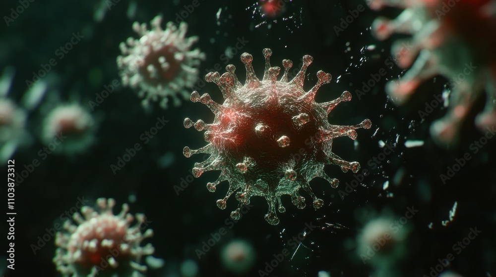 Detailed Visualization of Virus Structure Under Microscope, Highlighting Complex Features and Intricate Gameplay of Microscopic Life Forms in a Vibrant Scientific Context Detailed Visualization of Virus Structure Under Microscope, Highlighting Complex Features and Intricate Gameplay of Microscopic Life Forms in a Vibrant Scientific Context