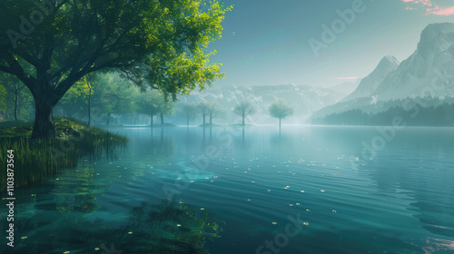 Tranquil lake with glowing reflections 3D render