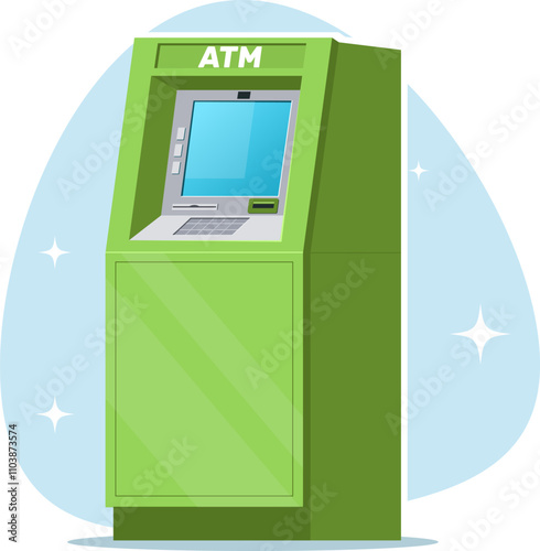 green ATM for cash withdrawal, bank terminal for online payments