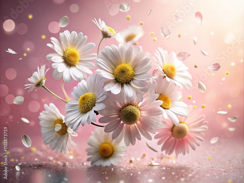Surreal Composition of Daisy Flowers on a Soft Pink Background, Evoking a Dreamlike Atmosphere with Whimsical Elements and Artistic Touches for Creative Design Projects