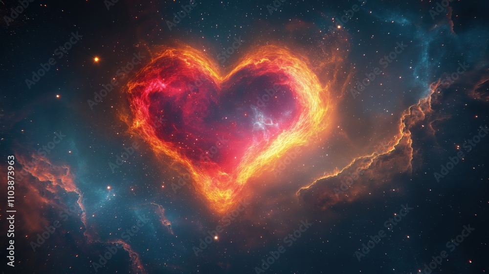 A heart-shaped cloud of fire in space A heart-shaped cloud of fire in space