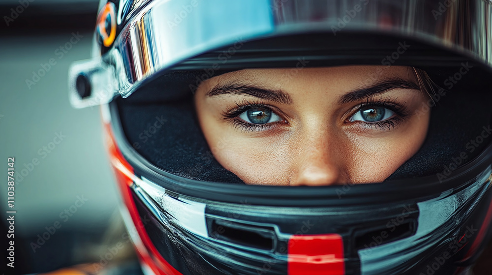 Female racing driver in full gear, intense expression, ready to race Female racing driver in full gear, intense expression, ready to race