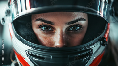 Female racing driver in full gear, intense expression, ready to race