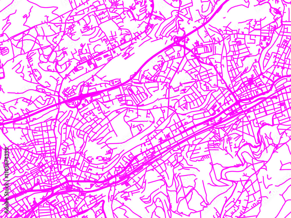 Obraz premium Neon Style Road Map overlay of Wuppertal, Germany in in Bright Pink.