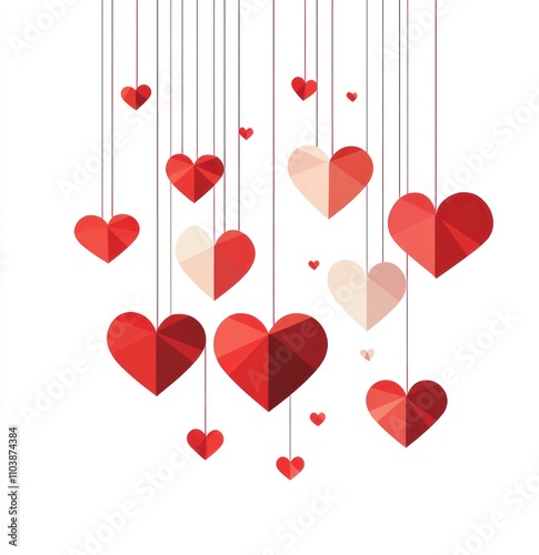 Red and white polygonal hearts hanging on strings against a white background.