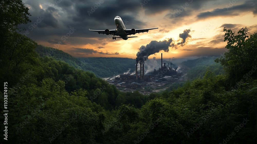Airplane Flying Over Industrial Pollution at Sunset Airplane Flying Over Industrial Pollution at Sunset
