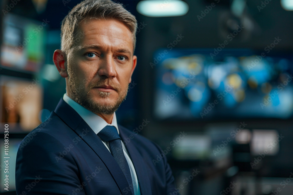 Obraz premium Generative AI professional male female Television Reporter in broadcast Studio with Camera