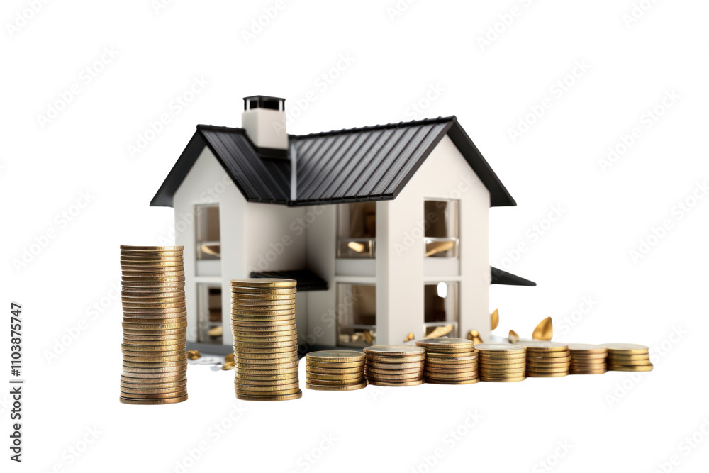 A sophisticated house model rendered in a sleek modern style, accompanied by a carefully arranged stack of platinum coins, symbolizing wealth accumulation through real estate investments. A sophisticated house model rendered in a sleek modern style, accompanied by a carefully arranged stack of platinum coins, symbolizing wealth accumulation through real estate investments.