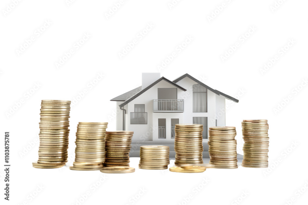 A sophisticated house model rendered in a sleek modern style, accompanied by a carefully arranged stack of platinum coins, symbolizing wealth accumulation through real estate investments. 