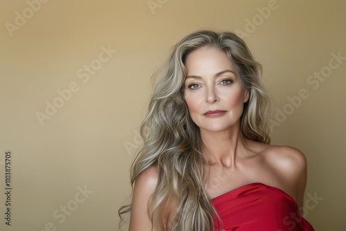 Elegant portrait of a woman with shoulder-length gray wavy hair in a sleeveless deep red dress standing against a beige wall, her composed expression highlighted by soft and even lighting.