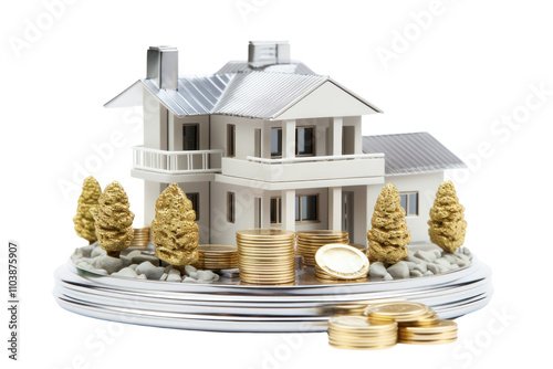 A sophisticated house model rendered in a sleek modern style, accompanied by a carefully arranged stack of platinum coins, symbolizing wealth accumulation through real estate investments.  photo