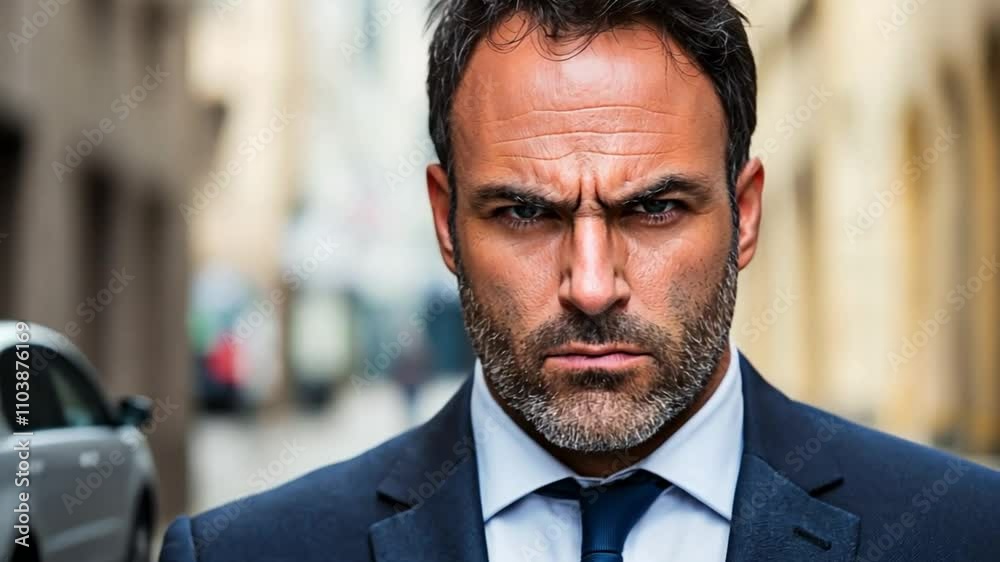 Mad corporate man walking with a focused yet furious expression. Concept highlights resilience and strength despite anger. Mad corporate man walking with a focused yet furious expression. Concept highlights resilience and strength despite anger.