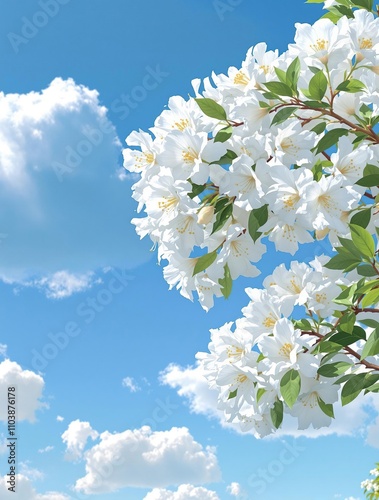 Beautiful white rhododendron flowers under a blue sky, tranquil scene, seasonal, delicate, outdoor garden