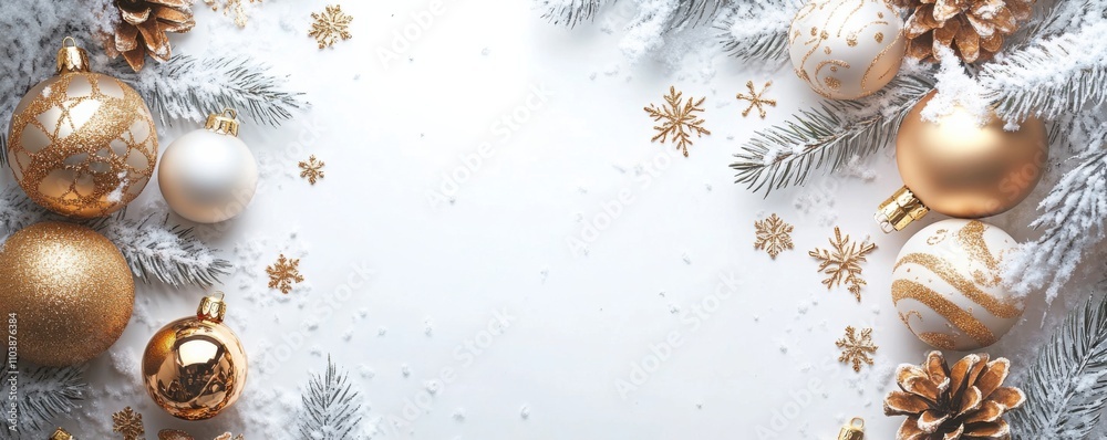 Fototapeta premium A festive arrangement of gold and white Christmas ornaments, snowflakes, and evergreen branches, creating a cheerful winter atmosphere.