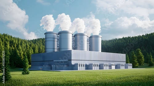 A modern power plant with cooling towers emits steam, surrounded by lush greenery and under a blue sky, showcasing a blend of technology and nature. photo