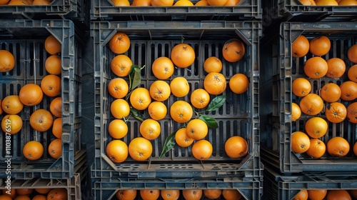 Fresh Oranges in Plastic Crates at a Market Stall photo