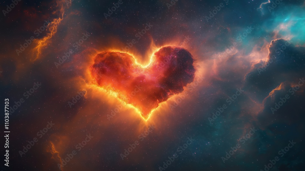 A heart-shaped cloud of fire in space A heart-shaped cloud of fire in space