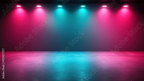 Neon pink and teal spotlights illuminate a dark room.