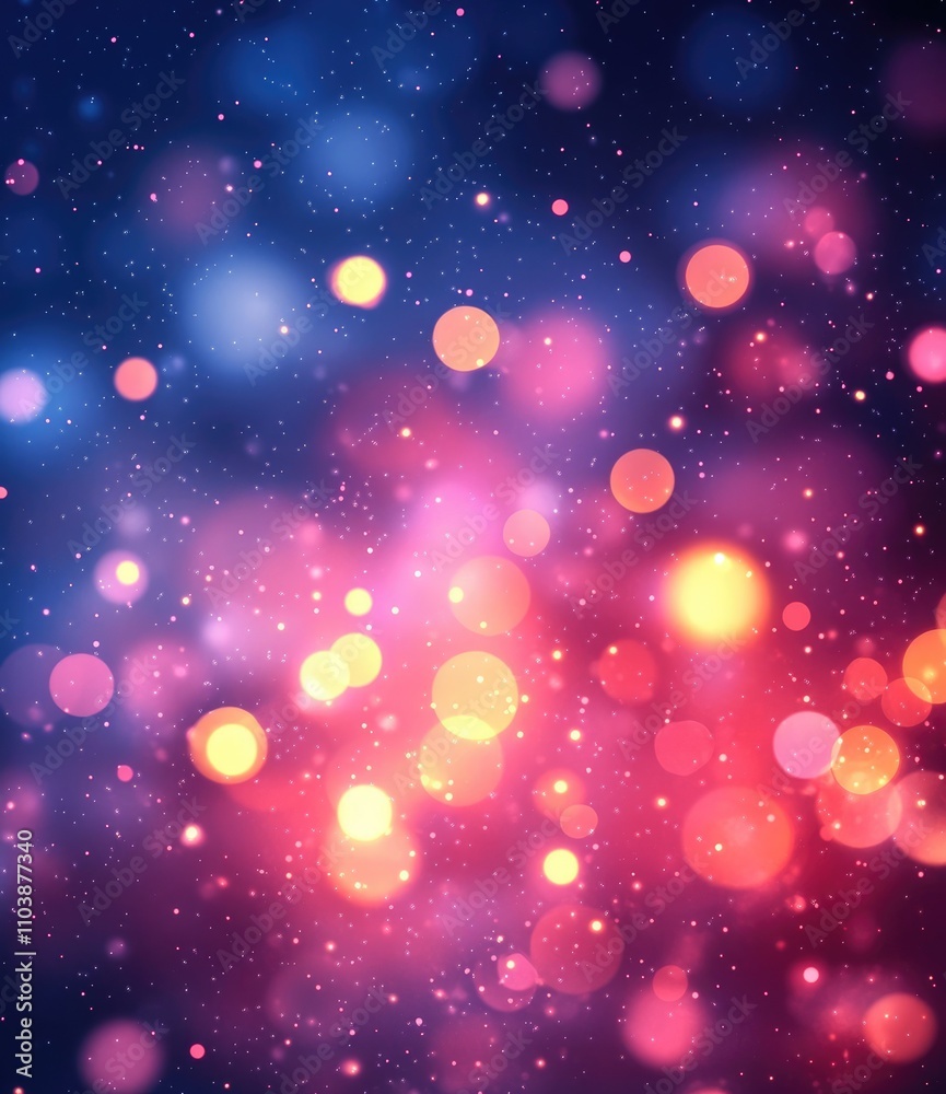A vibrant abstract background with colorful bokeh lights in shades of blue, pink, and orange.