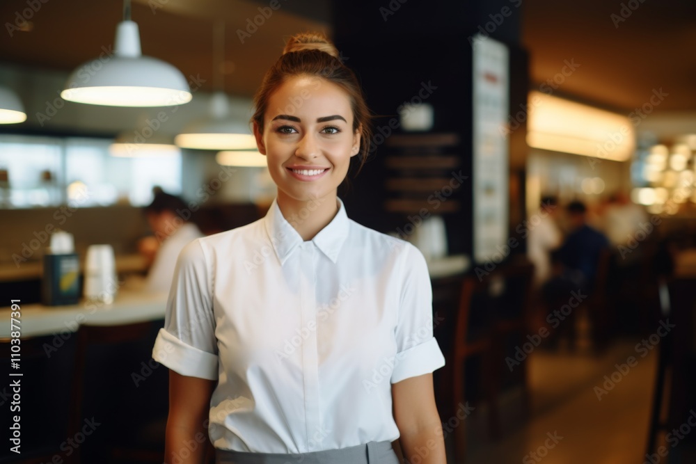 Smiling portrait of a young female waitress in cafe Smiling portrait of a young female waitress in cafe