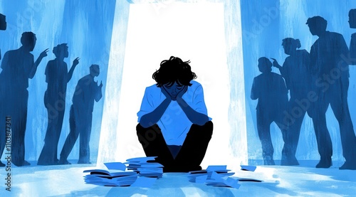 Feeling overwhelmed by stress in a busy environment with piles of paperwork and surrounding figures