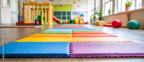 Vibrant gymnastics mat with young children participating in playful coordination and motor skill exercises in a cheerful stimulating indoor environment photo