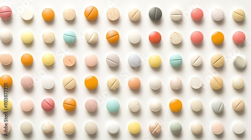 A vibrant array of colorful tablets arranged neatly in rows on a light background, showcasing various shapes and colors.