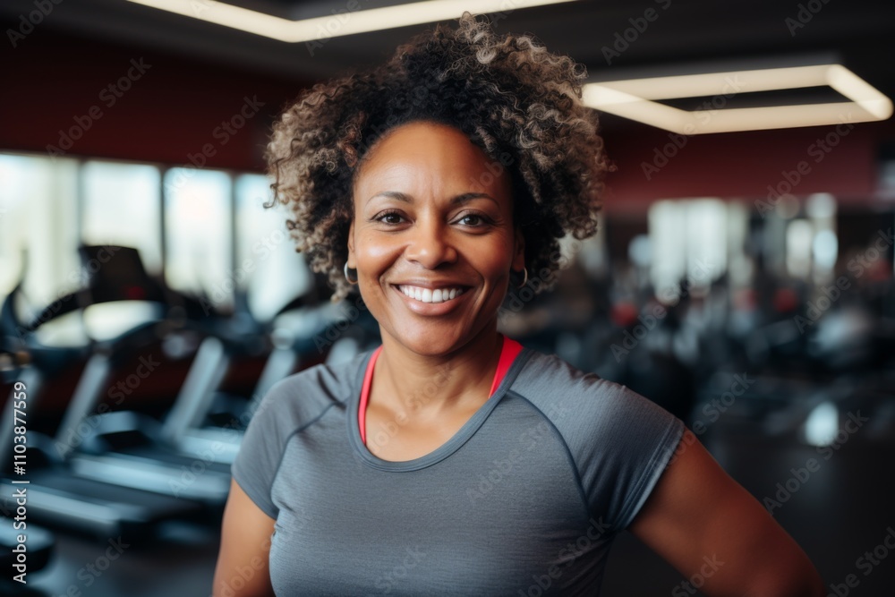 Smiling portrait of a middle aged slightly overweight woman in gym Smiling portrait of a middle aged slightly overweight woman in gym