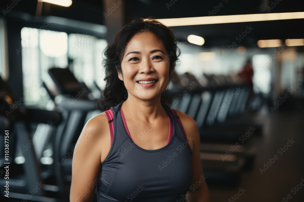 Smiling portrait of a middle aged slightly overweight woman in gym Smiling portrait of a middle aged slightly overweight woman in gym